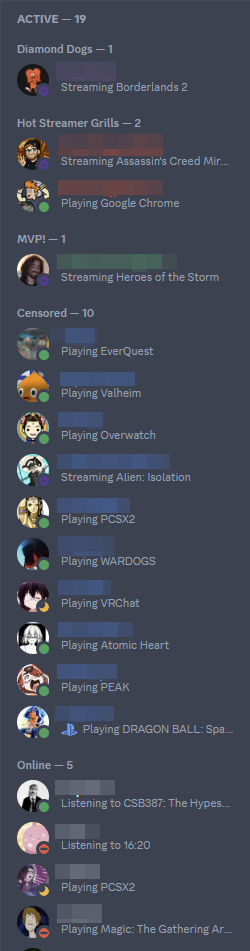 The active members panel: members grouped by role, each showing what they are playing, streaming or listening to